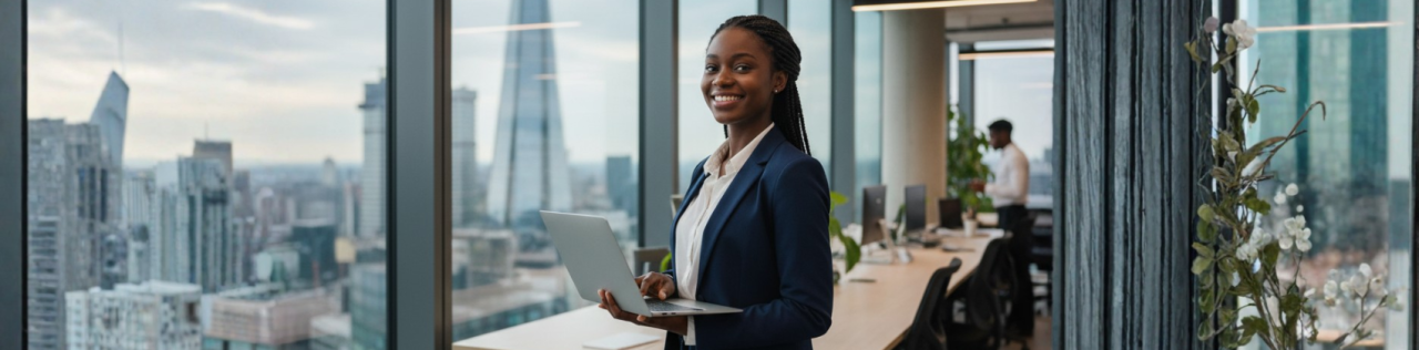Successful Nigerian graduate in a London office, symbolizing working in the UK after studies via the Graduate Route visa.
