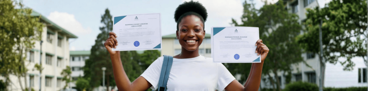 Happy Nigerian student on a university campus in Nigeria, holding a local scholarship award letter.
