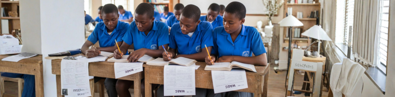 Nigerian students preparing for WAEC and NECO exams with textbooks, exam sheets, and school uniforms representing national education tests