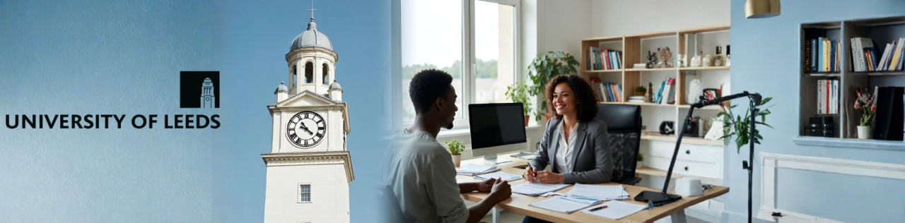 Official University of Leeds representative in Nigeria discussing admission requirements with a student.