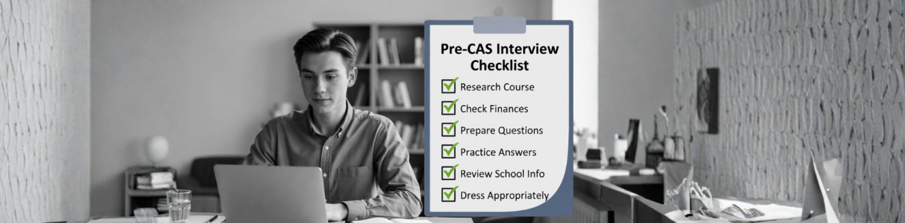 A student participating in a professional pre-CAS video interview on a laptop looking confident and well-prepared, with a UK university logo softly blurred in the background.