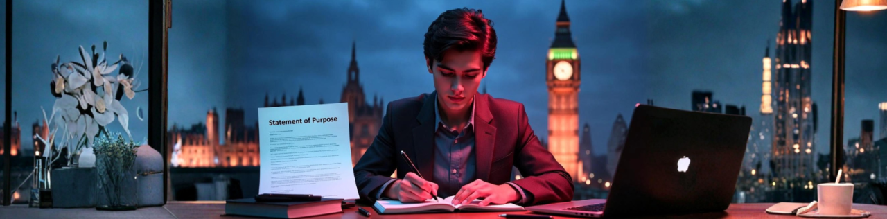 Writing a perfect Statement of Purpose (SOP) for UK university admission with pen, paper, and British flag background